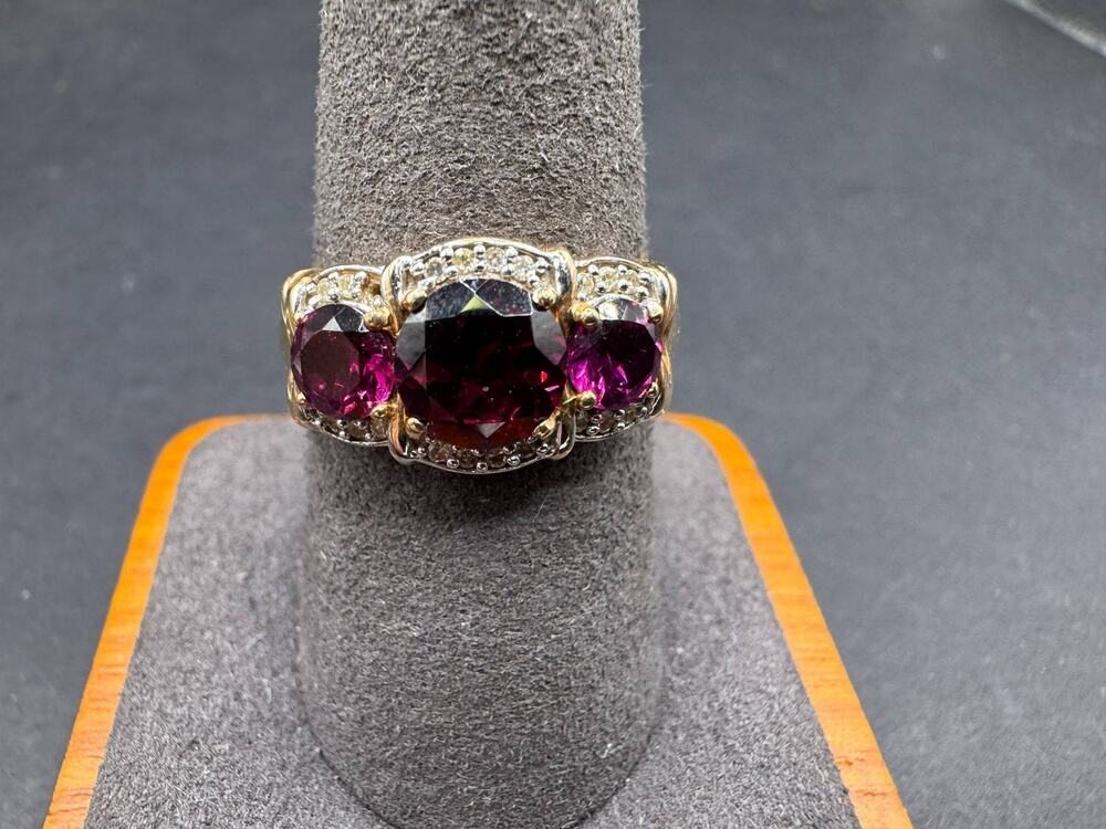 10k Gold Three-Stone Ring with Deep Red Gemstones and Accents Jewelry